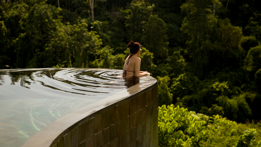 Infinity pool overlooking jungle in Ubud, best places to stay in Ubud Bali for wellness and long stays