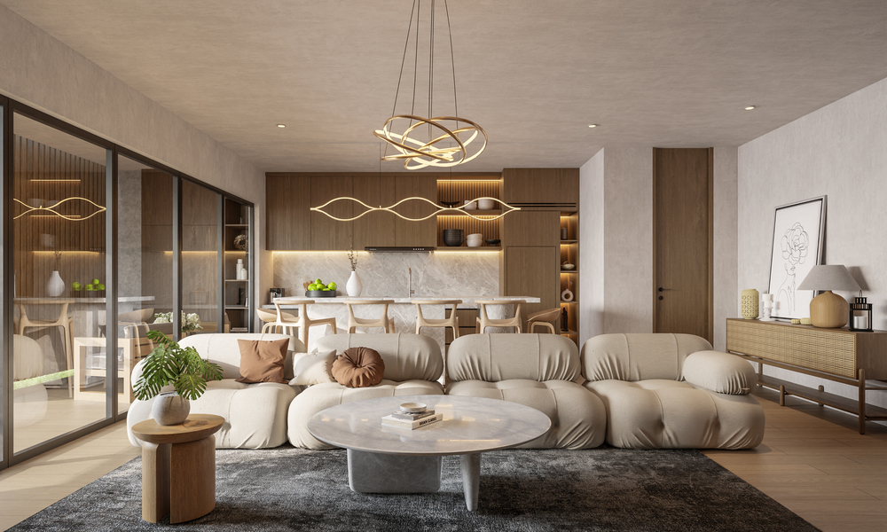 Open plan villa living room with modern kitchen and dining area, designed for comfort and guest stays, supporting how to invest in property abroad in the Bali property market.