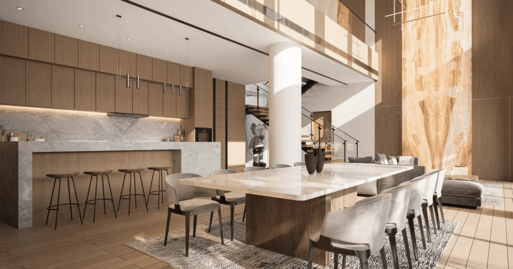 Modern open-plan kitchen and dining area in an upscale villa interior